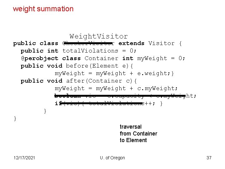 weight summation Weight. Visitor public class Checker. Visitor extends Visitor { public int total.