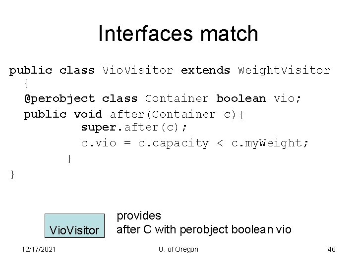 Interfaces match public class Vio. Visitor extends Weight. Visitor { @perobject class Container boolean