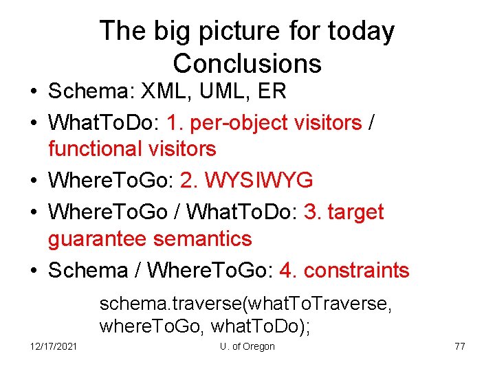 The big picture for today Conclusions • Schema: XML, UML, ER • What. To.