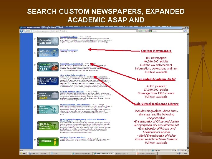 SEARCH CUSTOM NEWSPAPERS, EXPANDED ACADEMIC ASAP AND GALE VIRTUAL REFERENCE LIBRARY Custom Newspapers 100