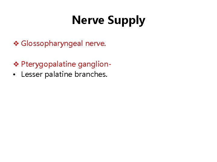 Nerve Supply v Glossopharyngeal nerve. v Pterygopalatine ganglion • Lesser palatine branches. 