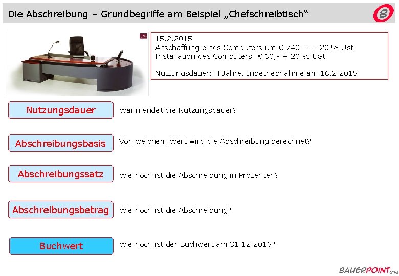 Die Abschreibung – Grundbegriffe am Beispiel „Chefschreibtisch“ 15. 2. 2015 Anschaffung eines Computers um