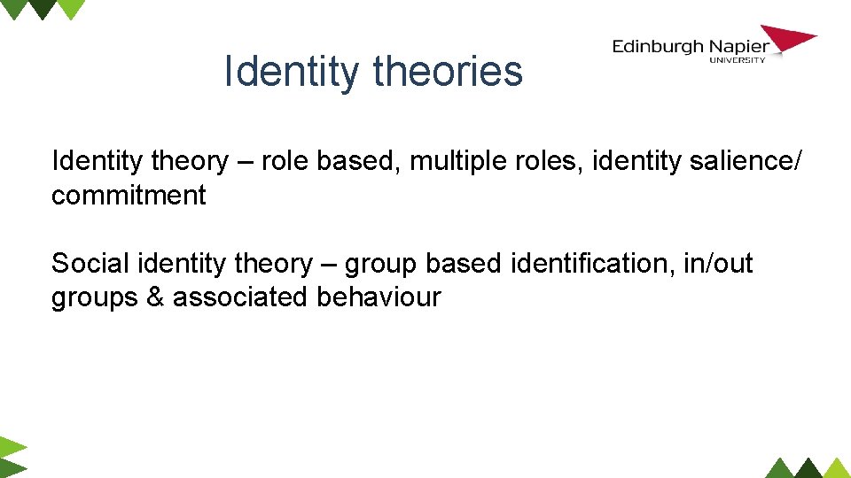 Identity theories Identity theory – role based, multiple roles, identity salience/ commitment Social identity