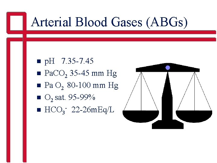 Arterial Blood Gases (ABGs) n n n p. H 7. 35 -7. 45 Pa.