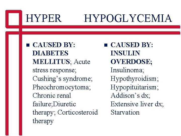 HYPER n HYPOGLYCEMIA CAUSED BY: DIABETES MELLITUS; Acute stress response; Cushing’s syndrome; Pheochromocytoma; Chronic
