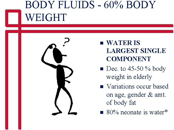 BODY FLUIDS - 60% BODY WEIGHT n n WATER IS LARGEST SINGLE COMPONENT Dec.
