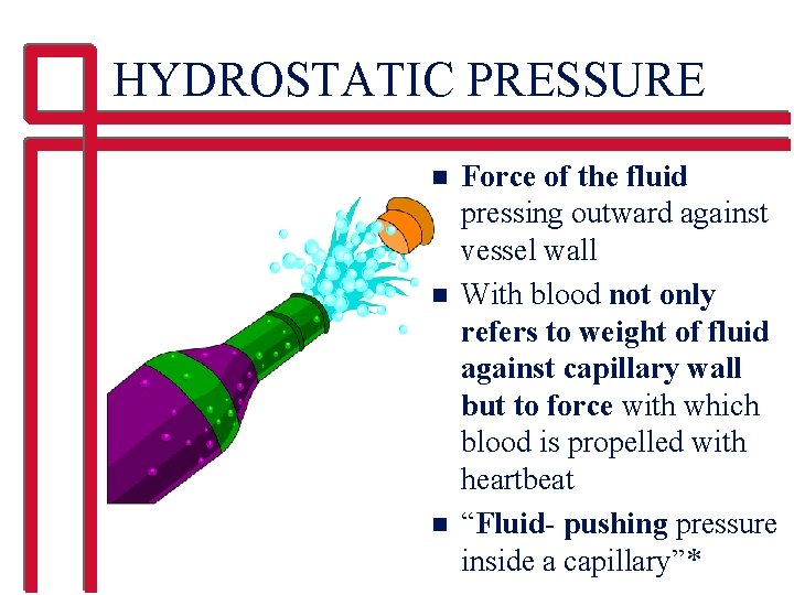 HYDROSTATIC PRESSURE n n n Force of the fluid pressing outward against vessel wall