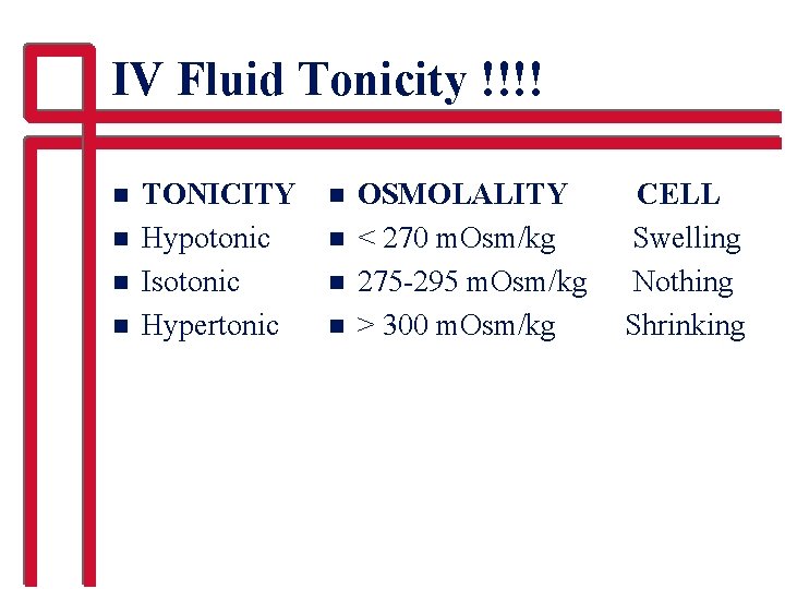 IV Fluid Tonicity !!!! n n TONICITY Hypotonic Isotonic Hypertonic n n OSMOLALITY <