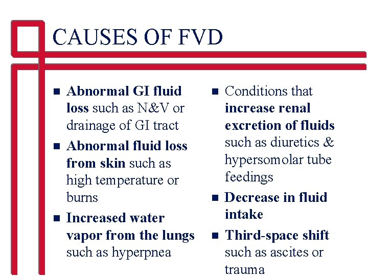 CAUSES OF FVD n n n Abnormal GI fluid loss such as N&V or