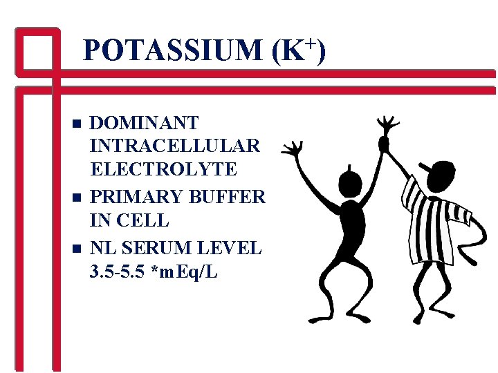 POTASSIUM (K+) n n n DOMINANT INTRACELLULAR ELECTROLYTE PRIMARY BUFFER IN CELL NL SERUM