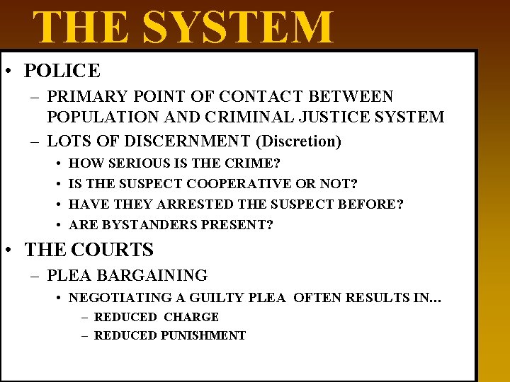 THE SYSTEM • POLICE – PRIMARY POINT OF CONTACT BETWEEN POPULATION AND CRIMINAL JUSTICE