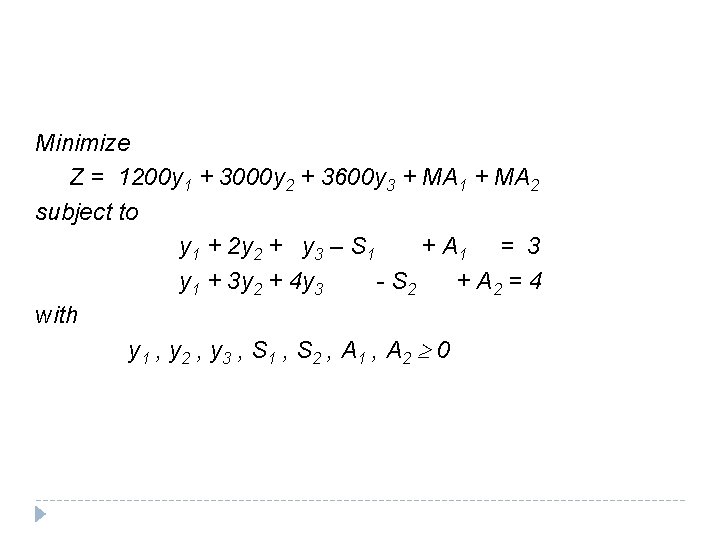 Minimize Z = 1200 y 1 + 3000 y 2 + 3600 y 3 Minimize Z = 1200 y 1 + 3000 y 2 + 3600 y 3