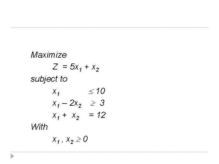 Maximize Z = 5 x 1 + x 2 subject to x 1 10 Maximize Z = 5 x 1 + x 2 subject to x 1 10