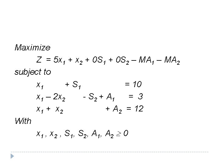 Maximize Z = 5 x 1 + x 2 + 0 S 1 + Maximize Z = 5 x 1 + x 2 + 0 S 1 +
