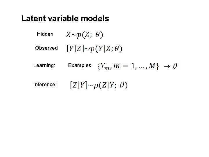 Latent variable models Hidden Observed Learning: Inference: Examples 