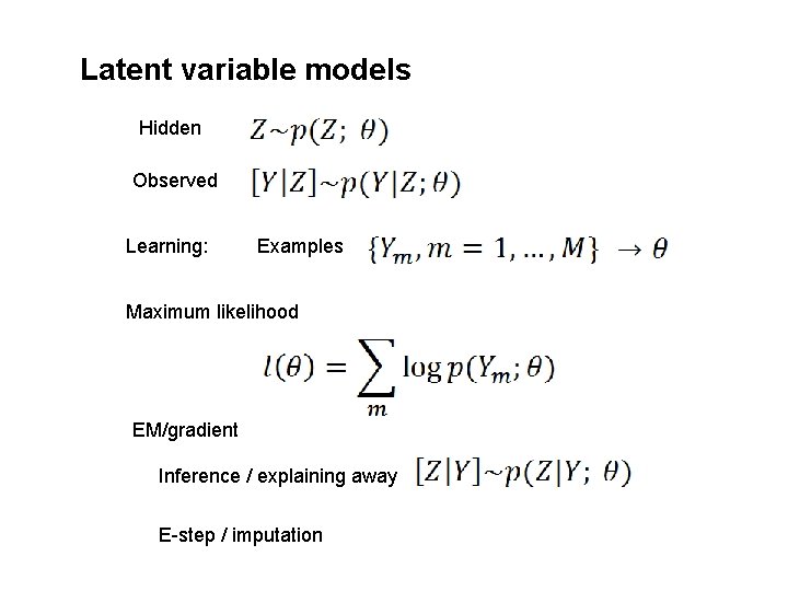 Latent variable models Hidden Observed Learning: Examples Maximum likelihood EM/gradient Inference / explaining away