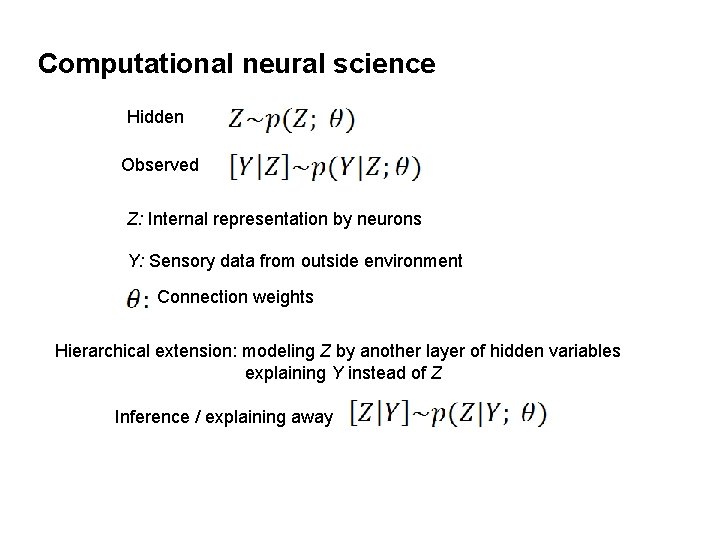 Computational neural science Hidden Observed Z: Internal representation by neurons Y: Sensory data from