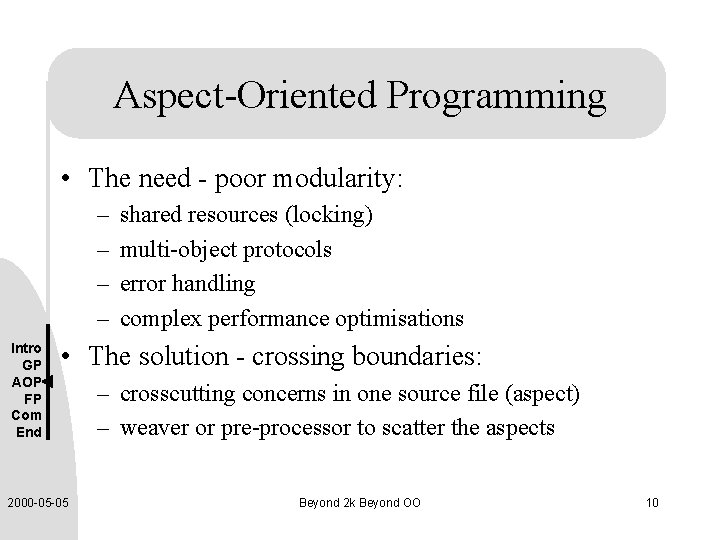 Aspect-Oriented Programming • The need - poor modularity: – – Intro GP AOP FP