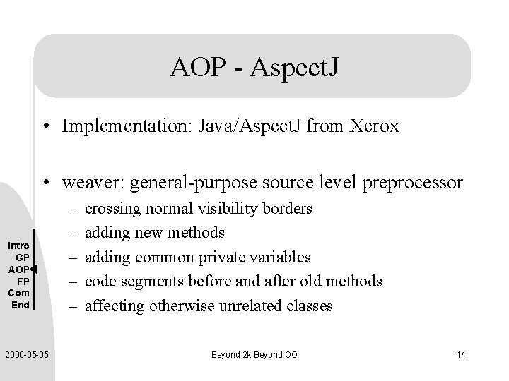 AOP - Aspect. J • Implementation: Java/Aspect. J from Xerox • weaver: general-purpose source