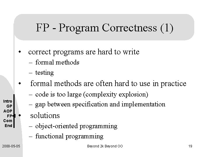 FP - Program Correctness (1) • correct programs are hard to write – formal