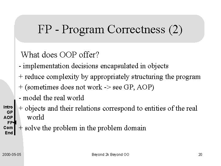 FP - Program Correctness (2) What does OOP offer? Intro GP AOP FP Com