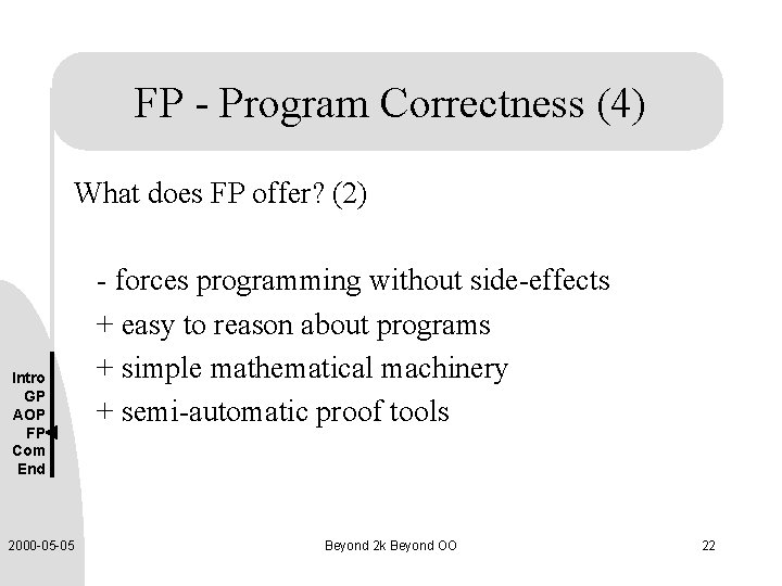 FP - Program Correctness (4) What does FP offer? (2) Intro GP AOP FP