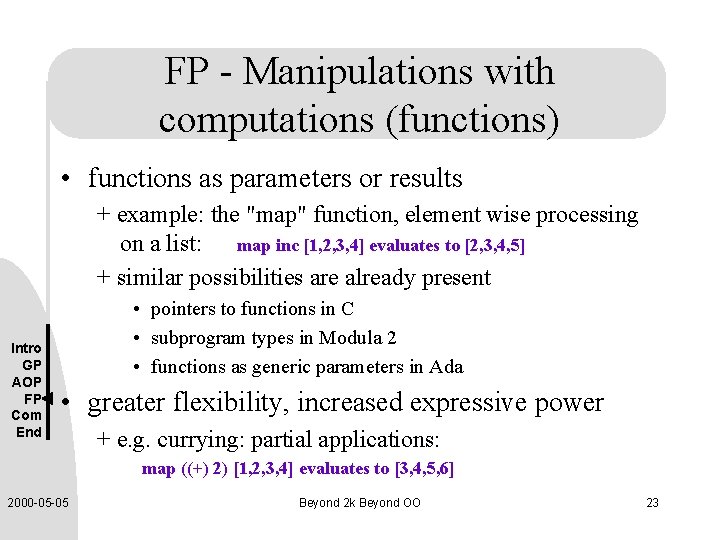 FP - Manipulations with computations (functions) • functions as parameters or results + example: