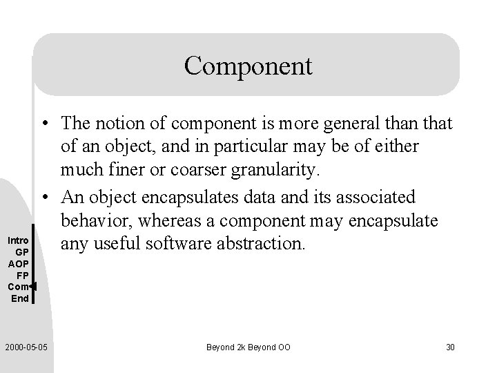 Component Intro GP AOP FP Com End • The notion of component is more
