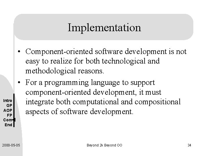 Implementation Intro GP AOP FP Com End • Component-oriented software development is not easy