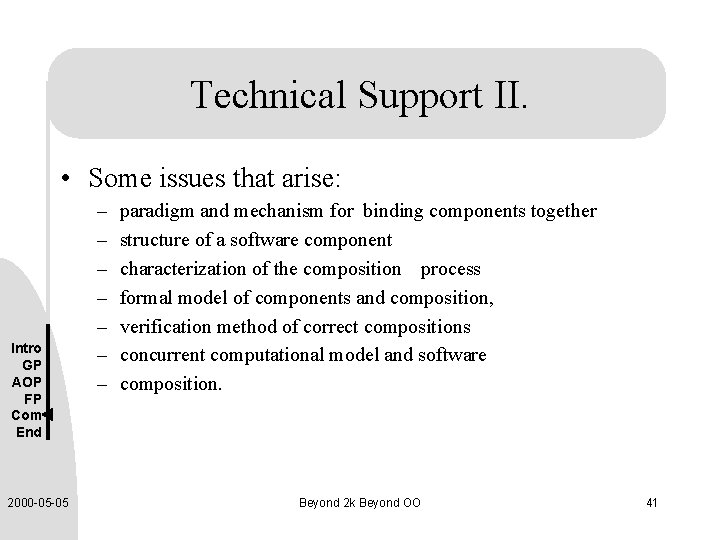 Technical Support II. • Some issues that arise: Intro GP AOP FP Com End