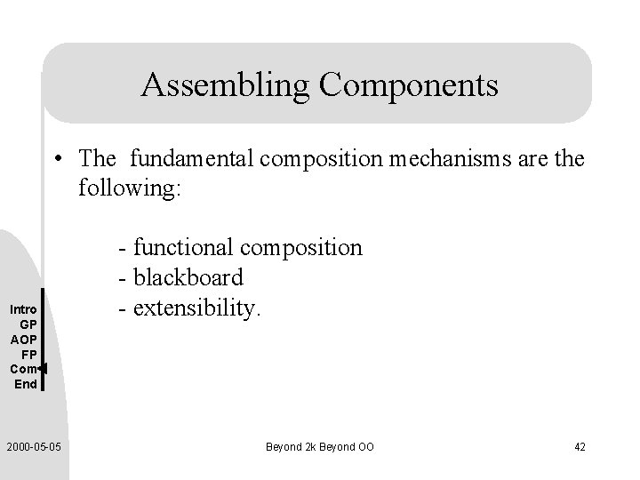 Assembling Components • The fundamental composition mechanisms are the following: Intro GP AOP FP