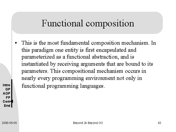 Functional composition Intro GP AOP FP Com End • This is the most fundamental