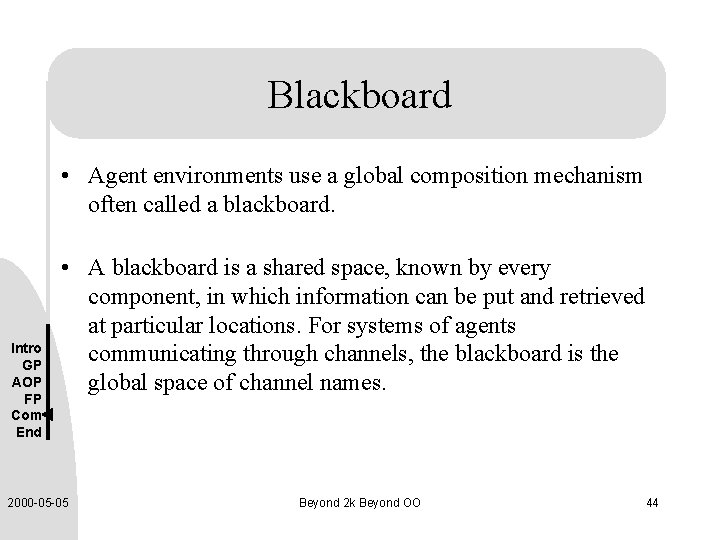 Blackboard • Agent environments use a global composition mechanism often called a blackboard. Intro
