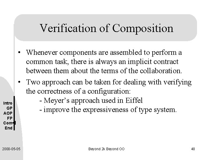 Verification of Composition Intro GP AOP FP Com End • Whenever components are assembled