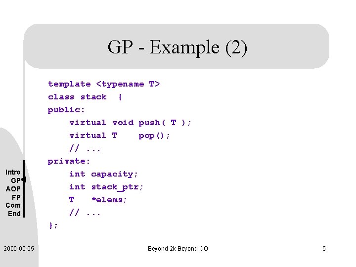 GP - Example (2) Intro GP AOP FP Com End 2000 -05 -05 template