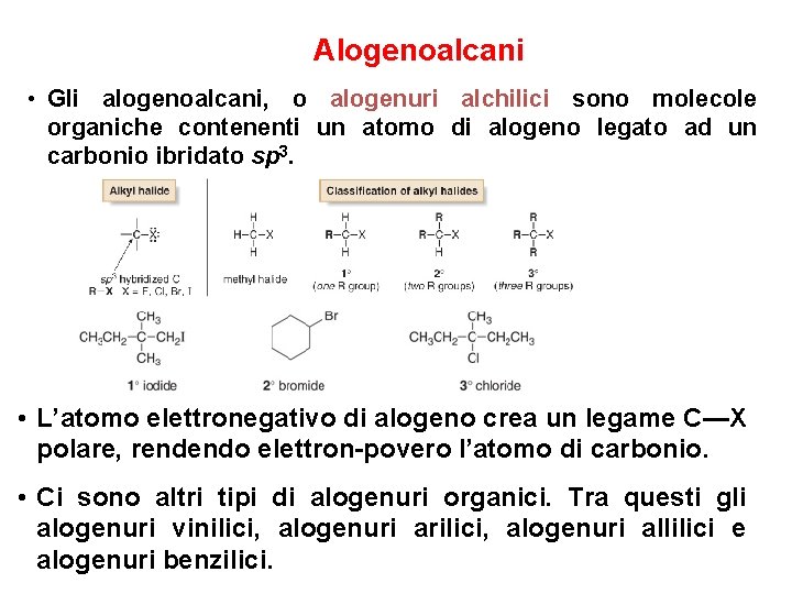 Alogenoalcani • Gli alogenoalcani, o alogenuri alchilici sono molecole organiche contenenti un atomo di