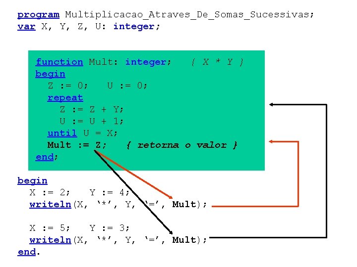 program Multiplicacao_Atraves_De_Somas_Sucessivas; var X, Y, Z, U: integer; function Mult: integer; { X *