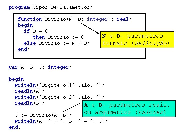 program Tipos_De_Parametros; function Divisao(N, D: integer): real; begin if D = 0 N e