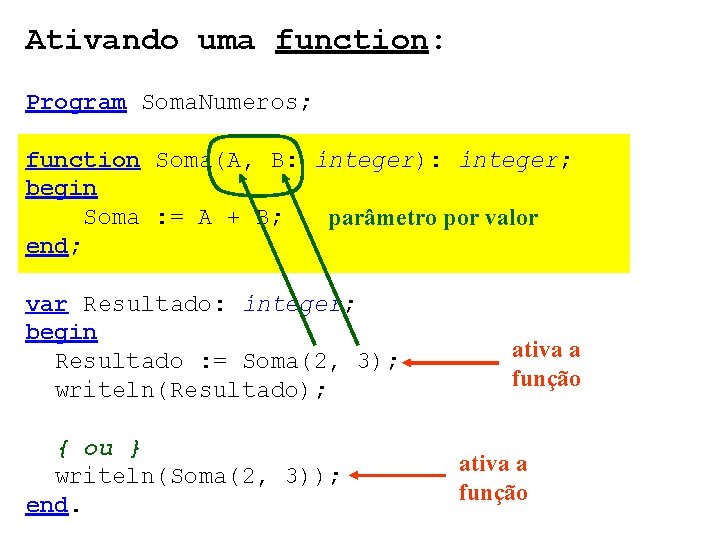 Ativando uma function: Program Soma. Numeros; function Soma(A, B: integer): integer; begin Soma :