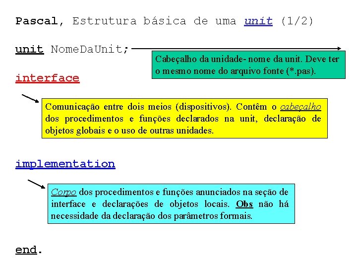 Pascal, Estrutura básica de uma unit (1/2) unit Nome. Da. Unit; interface Cabeçalho da