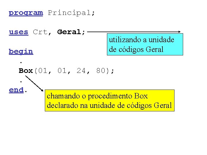 program Principal; uses Crt, Geral; utilizando a unidade de códigos Geral begin. Box(01, 24,