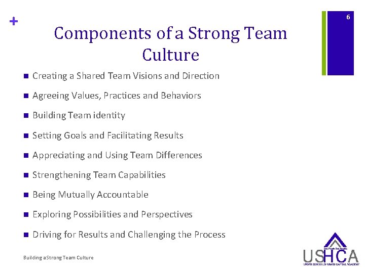 + 6 Components of a Strong Team Culture n Creating a Shared Team Visions