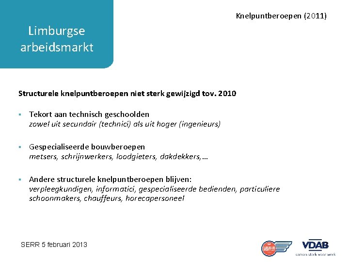 Knelpuntberoepen (2011) Limburgse arbeidsmarkt Structurele knelpuntberoepen niet sterk gewijzigd tov. 2010 § Tekort aan