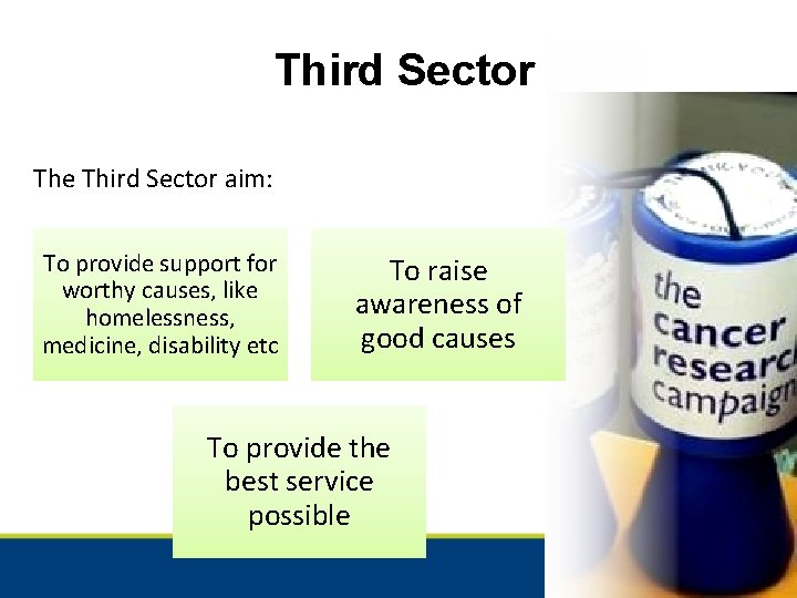 Third Sector The Third Sector aim: To provide support for worthy causes, like homelessness,