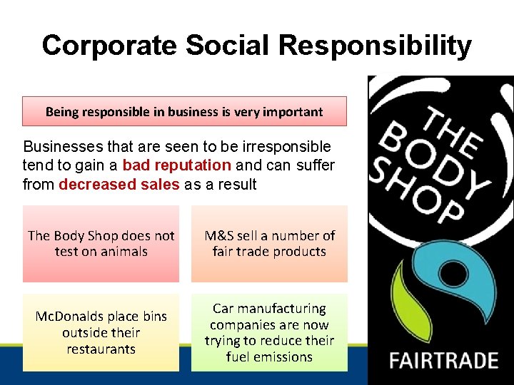 Corporate Social Responsibility Being responsible in business is very important Businesses that are seen
