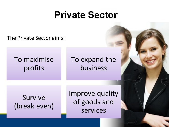 Private Sector The Private Sector aims: To maximise profits To expand the business Survive