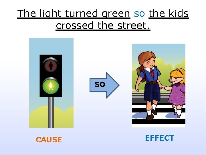 The light turned green so the kids crossed the street. SO CAUSE EFFECT 