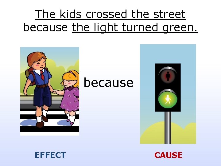 The kids crossed the street because the light turned green. because EFFECT CAUSE 