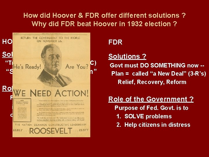 How did Hoover & FDR offer different solutions ? Why did FDR beat Hoover