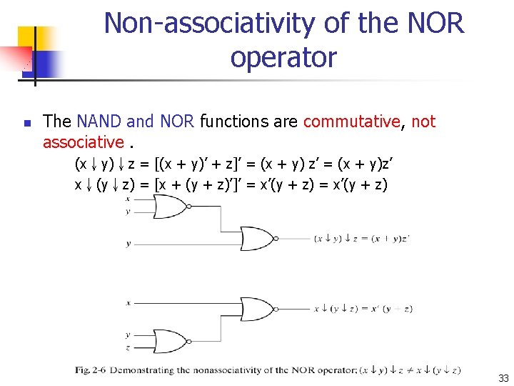 Non-associativity of the NOR operator n The NAND and NOR functions are commutative, not